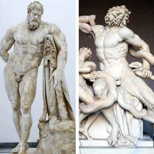 Left: Glykon. Farnese Hercules (originally by Lysippos). C. 216 AD. Museo Archeologico Nazionale, Naples. Right: Agesander, Athenodoros, and Polydorus of Rhodes. Close-up of Laocoön and His Sons. c. 200 BC. Vatican Museums, Vatican City.