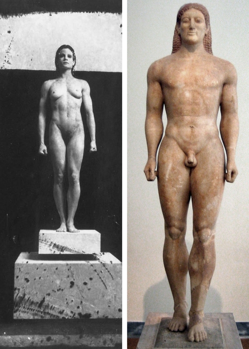 Left: Witkin, Joël-Peter. Lisa Lyon as the Anavyssos Kouros. 1983. Right: Kroisos Kouros, c. 530 B.C. National Archaeological Museum of Athens, Greece.